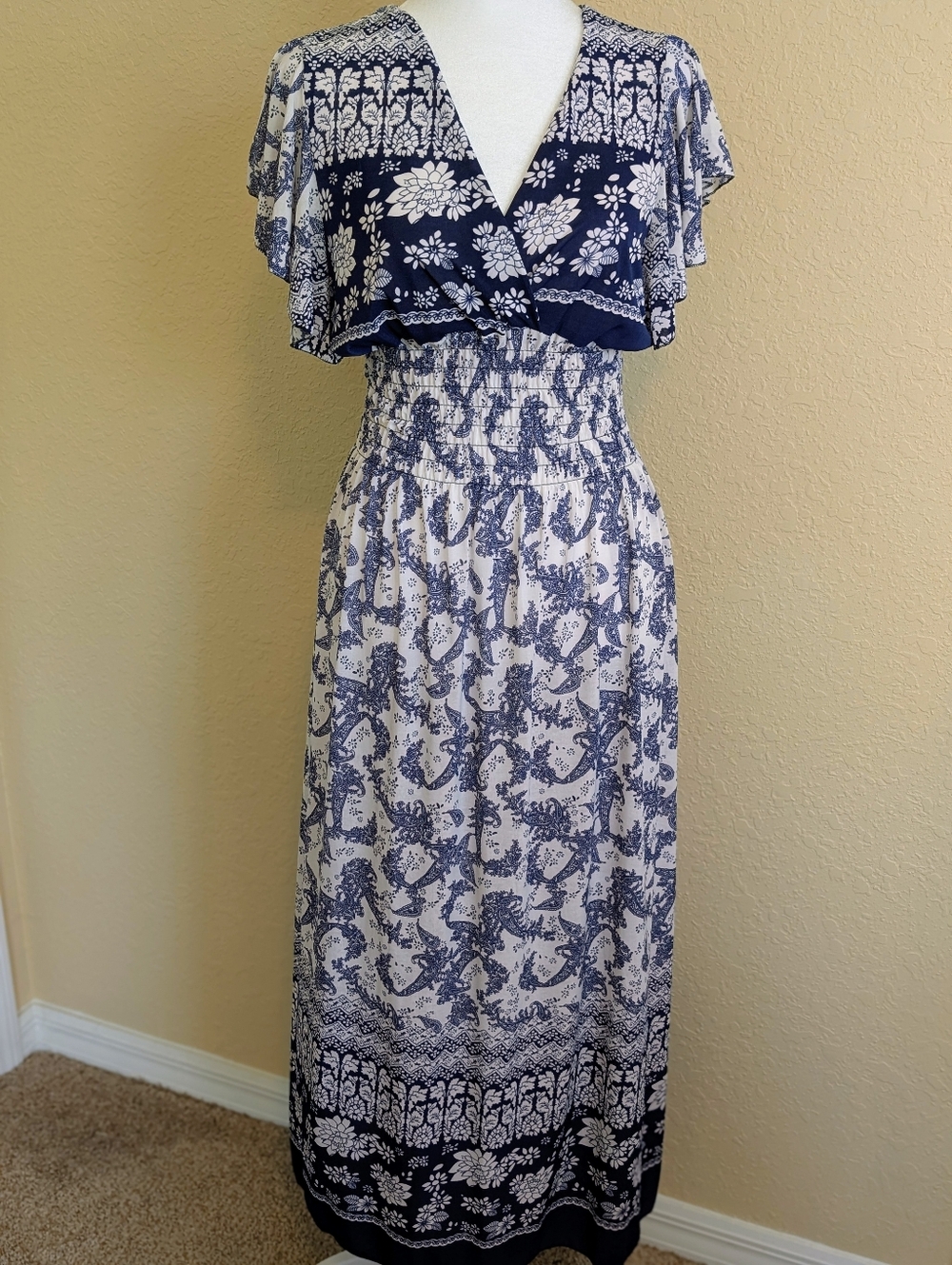 Tamsy Smocked Waist Flutter Sleeve Maxi Dress-Fits S,M,L